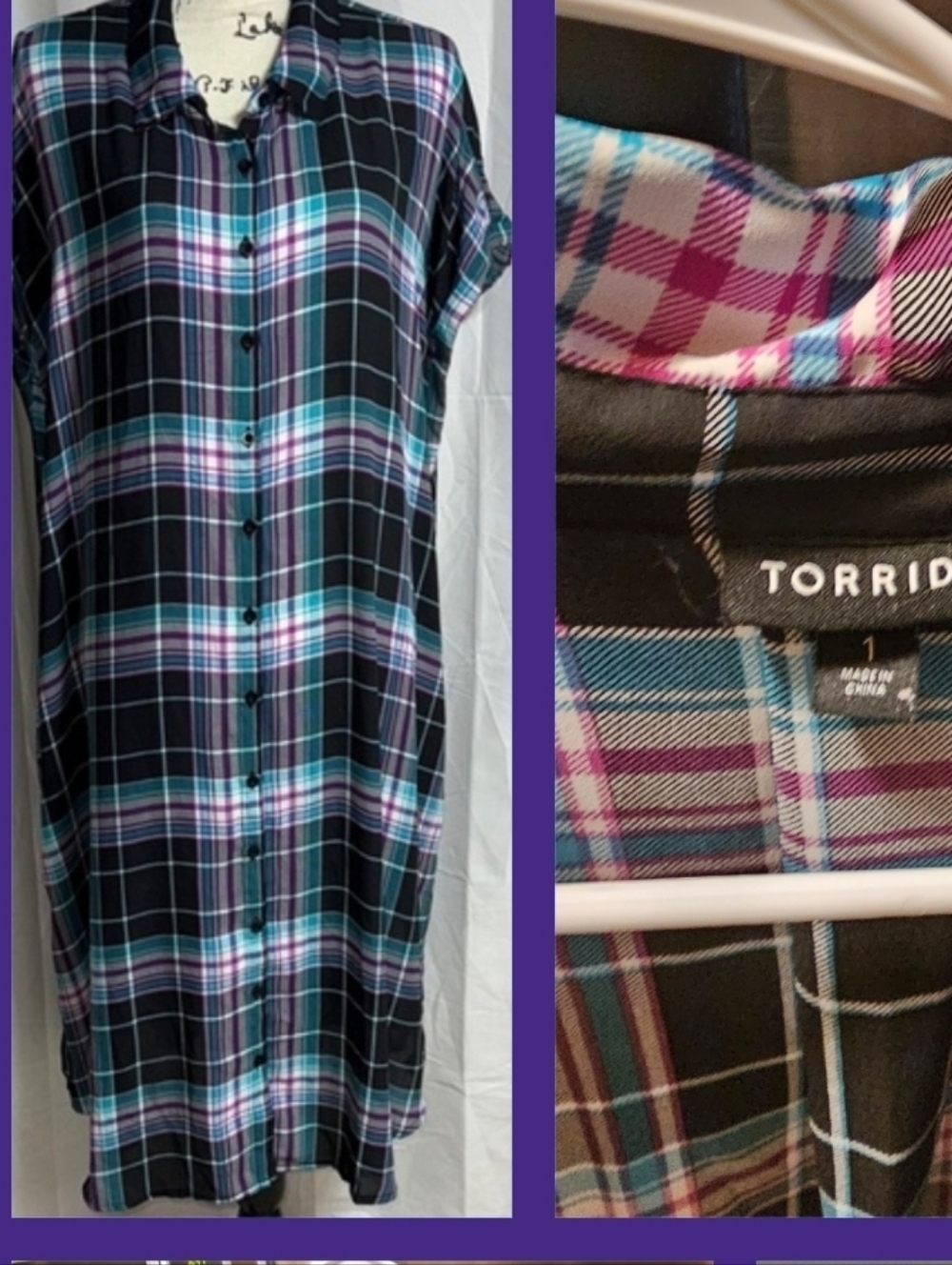 Torrid black plaid button-front shirt/kimono with teal and pink accents